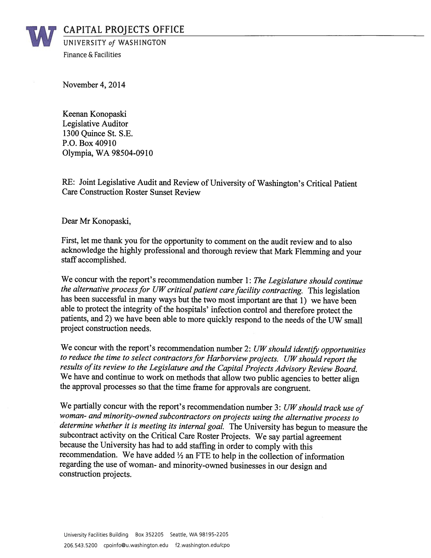 UW Agency response letter page one. UW concurs with recommendations 1, 2, and 4. UW partially concurs with recommendation 3.