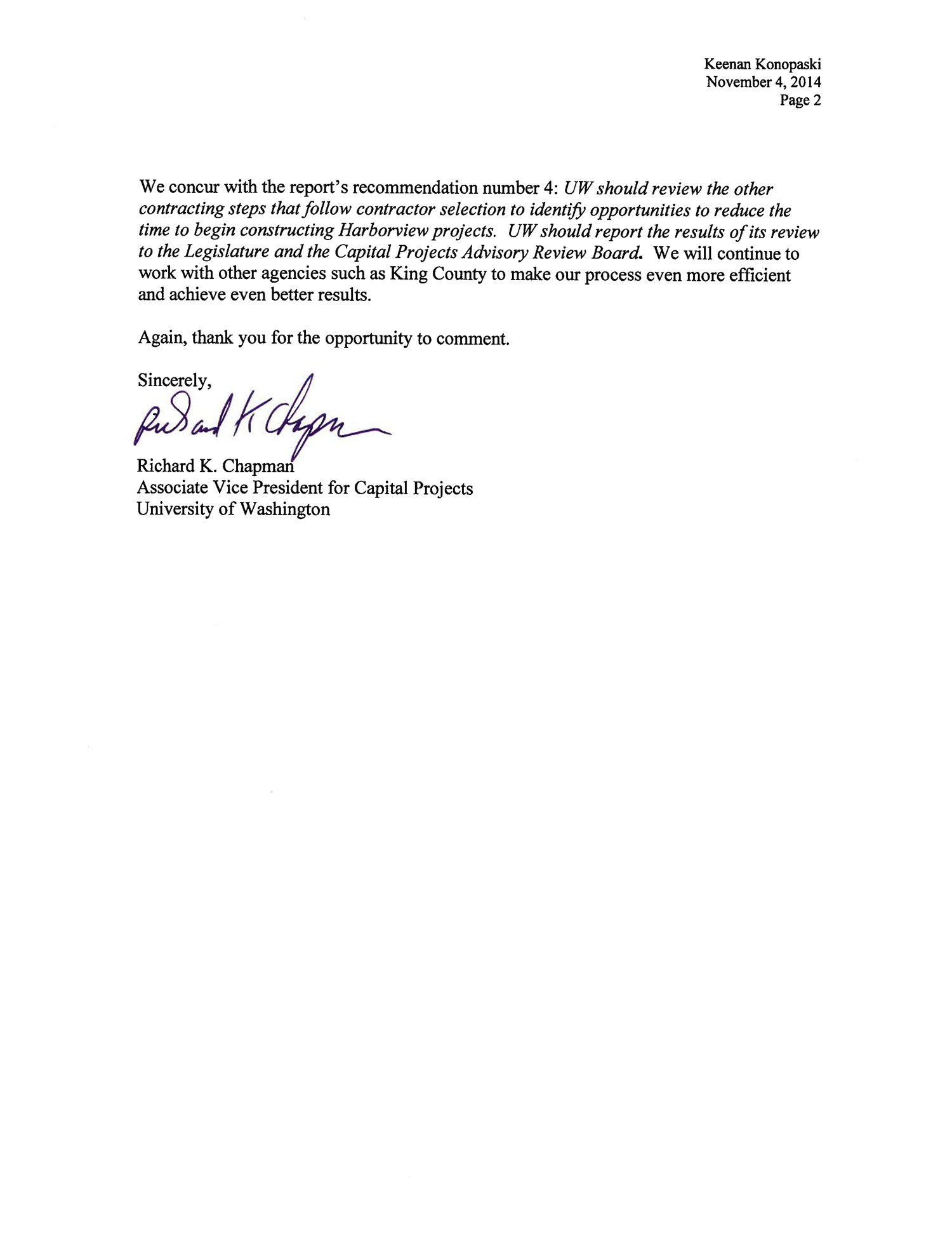 UW Agency response letter page two. Signed by Richard K. Chapman, Associate Vice President for Capital Projects at UW.