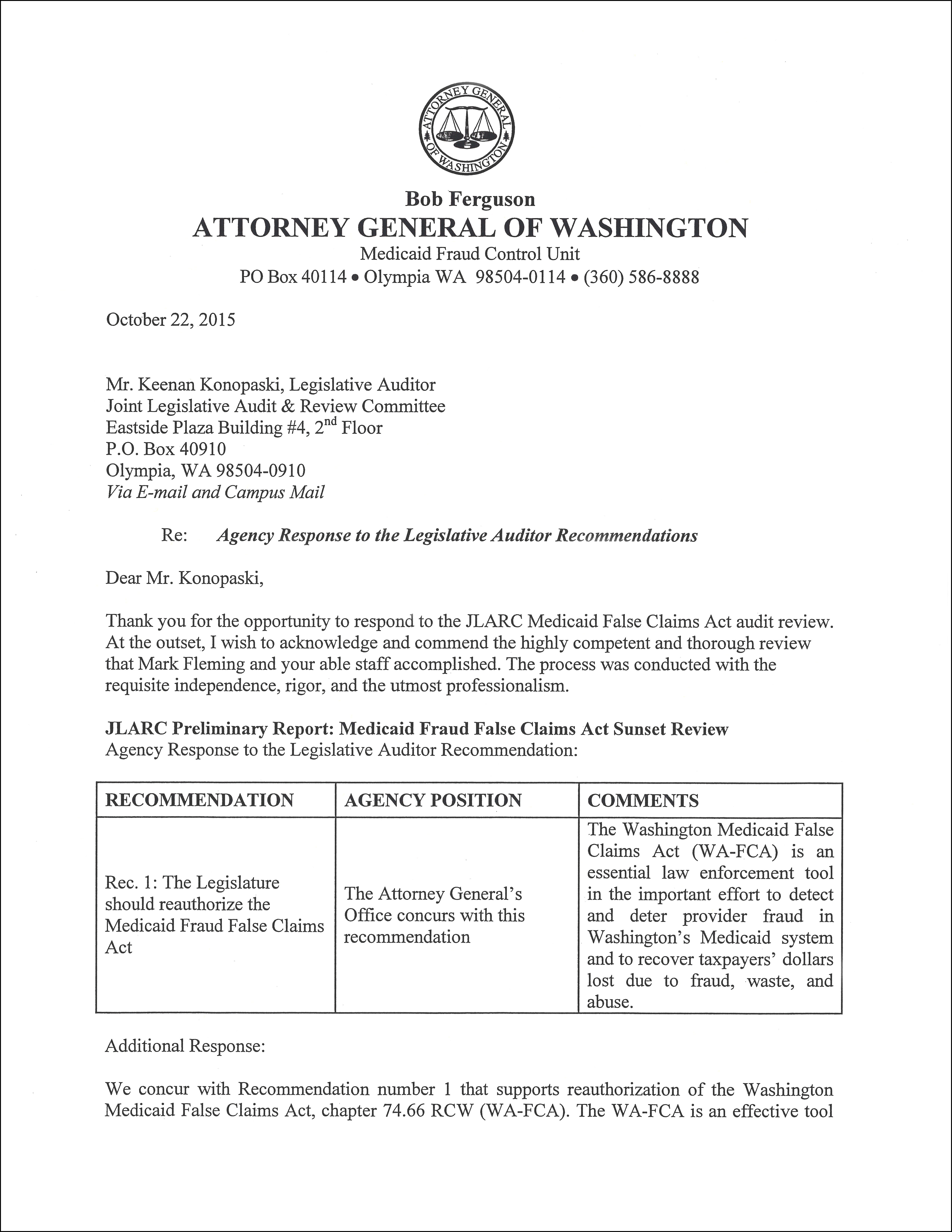 Second page of Attorney General's Response. The Attorney General's Office Concurs with the recommendation. Signed by Senior Assistant Attorney General Douglas D. Walsh
