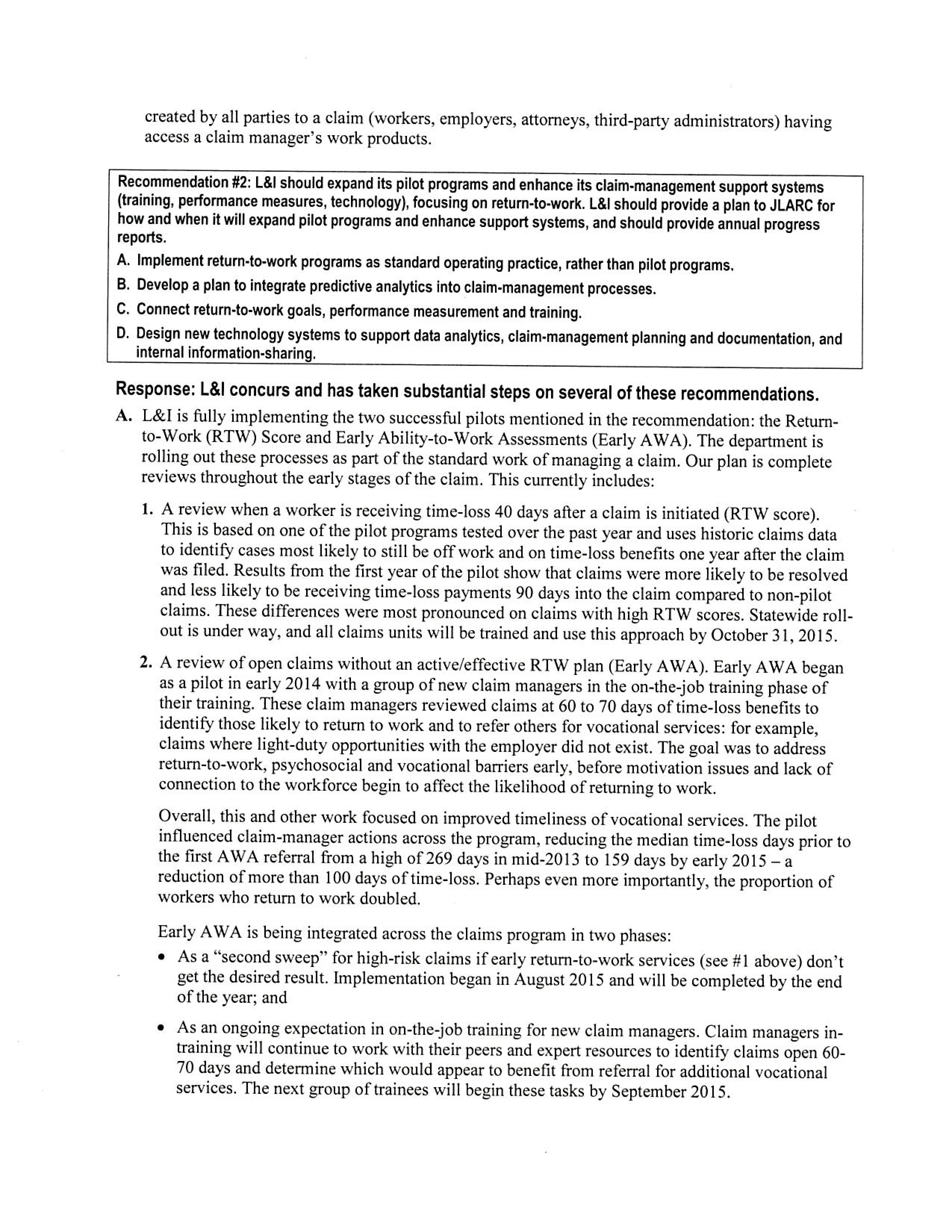 Fourth page of L&I Response. L&I Concurs with both recommendations. Signed by L&I Director Joel Sacks