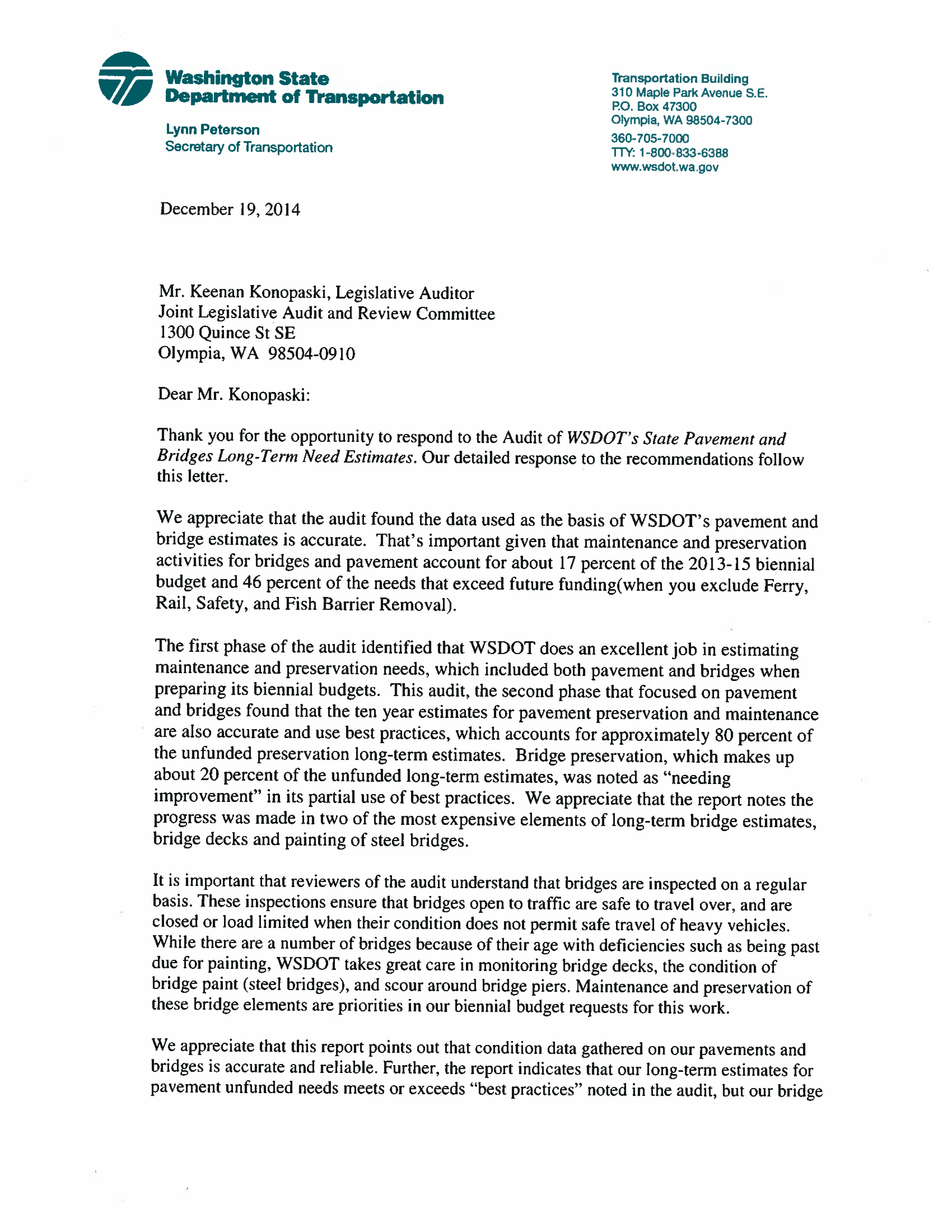 WSDOT response letter page one. 