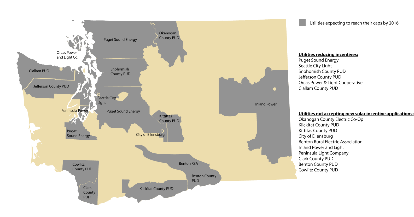 Map of Washington state shows the service territories of the 16 utilities that expect to reach their caps in 2016.