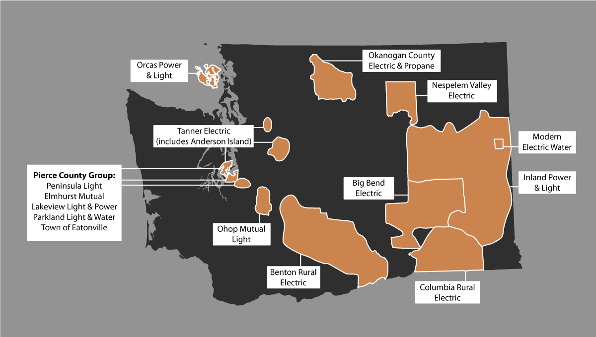 Map of Washington shows the geographic locations of rural electric cooperatives headquartered in Washington.