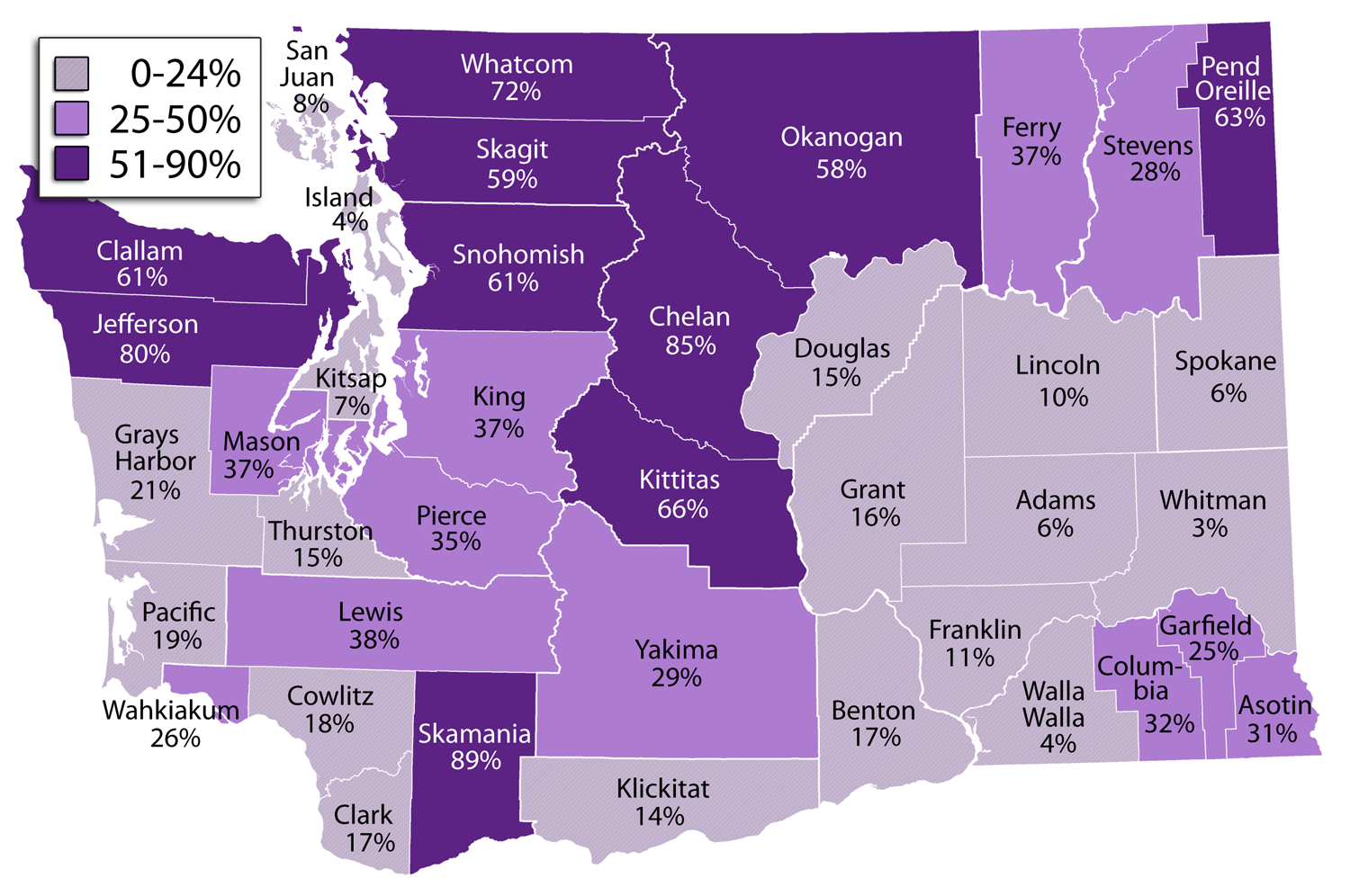 Map of Washington counties with percent of public natural resource lands listed by county