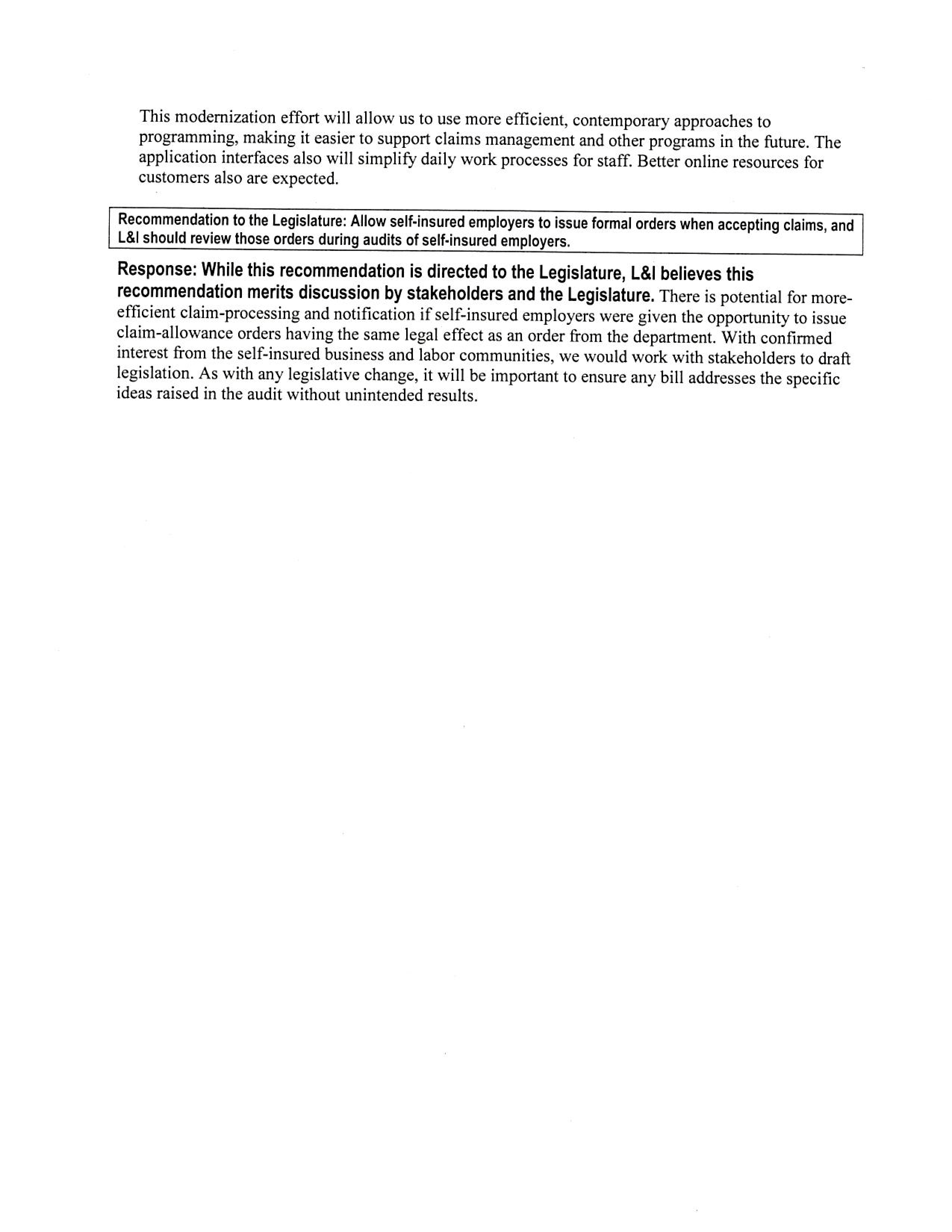 Sixth and final page of L&I Response. L&I Concurs with both recommendations. Signed by L&I Director Joel Sacks