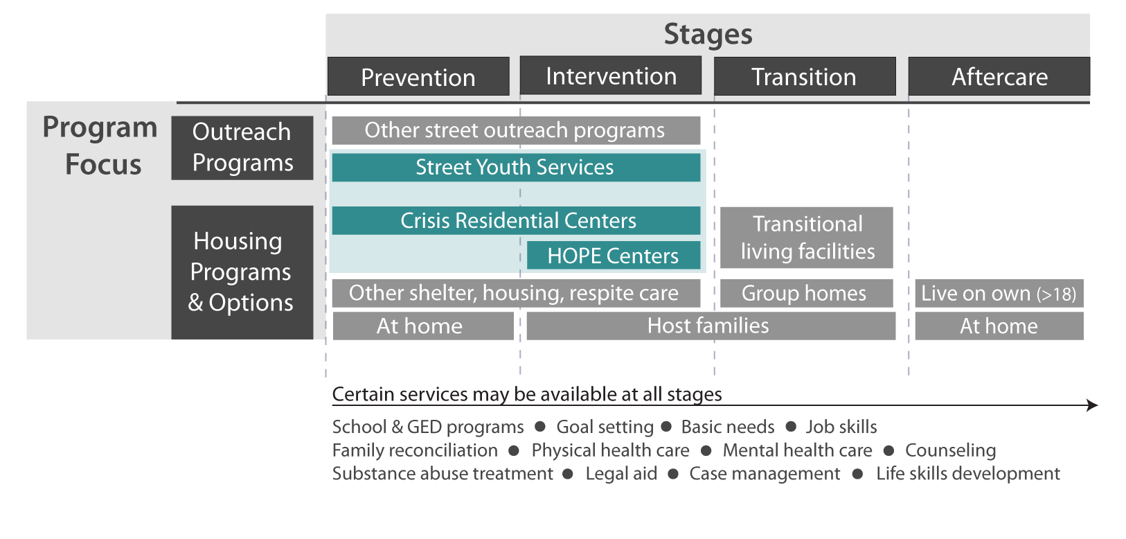 Graphic showing how the three state-funded programs exist in a network of other programs and services for unaccompanied homeless youth.