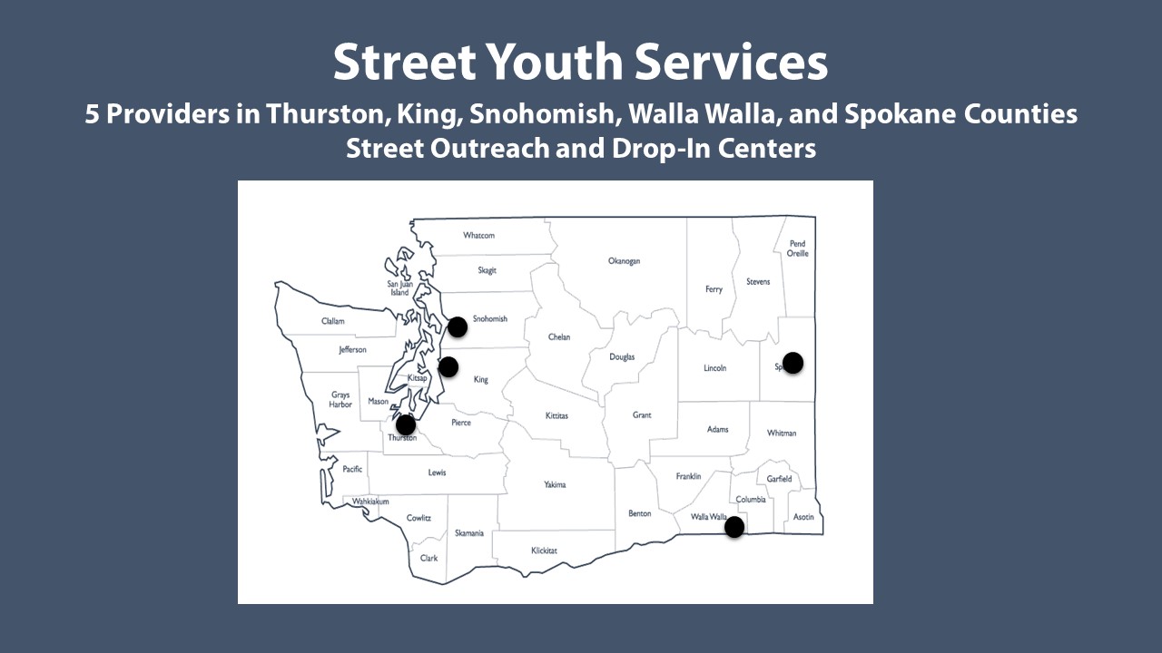Street Youth Services is designed for unaccompanied homeless youth and youth who are at risk of becoming homeless.  The program is offered in Thurston, King, Snohomish, Walla Walla, and Spokane Counties. Providers offer street outreach and drop-in centers.