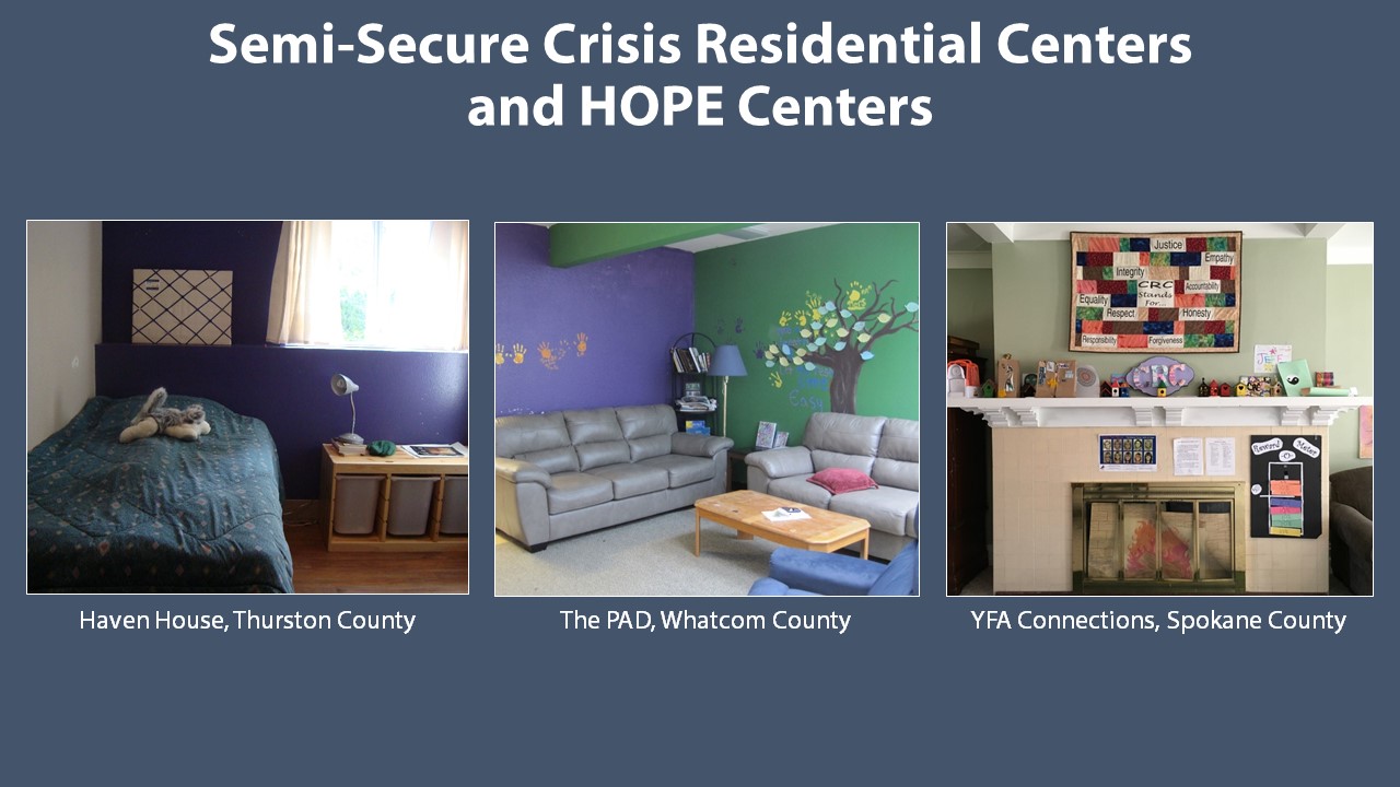 Many Semi-Secure Crisis Residential Centers and HOPE Centers aim to provide a home-like setting where youth can become comfortable with a structured environment (e.g., daily schedule with set times for meals, homework, and other activities). These are interior photos of Semi-Secure Crisis Residential Centers and HOPE Centers in Thurston, Whatcom, and King Counties.