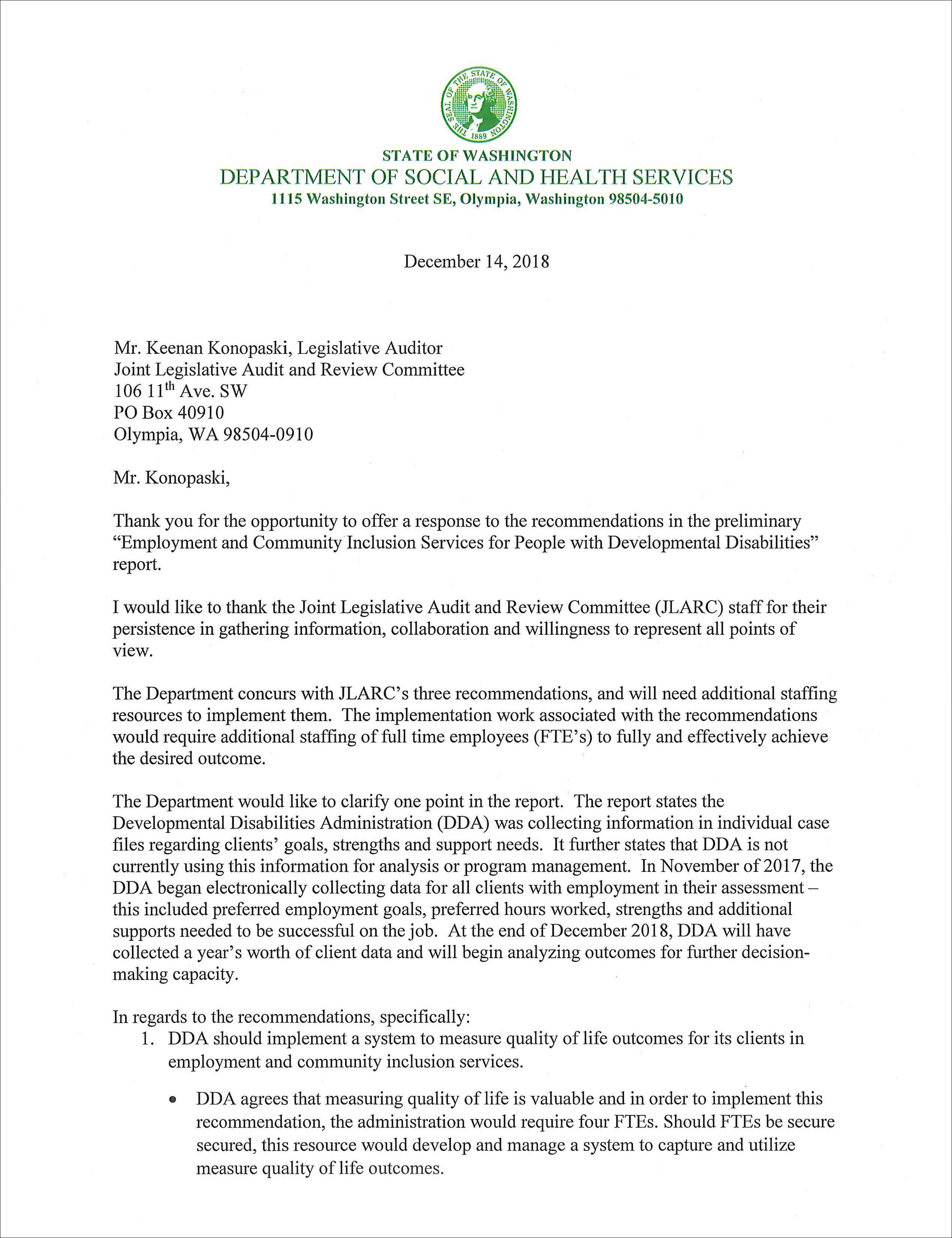 Letter of response from DSHS.