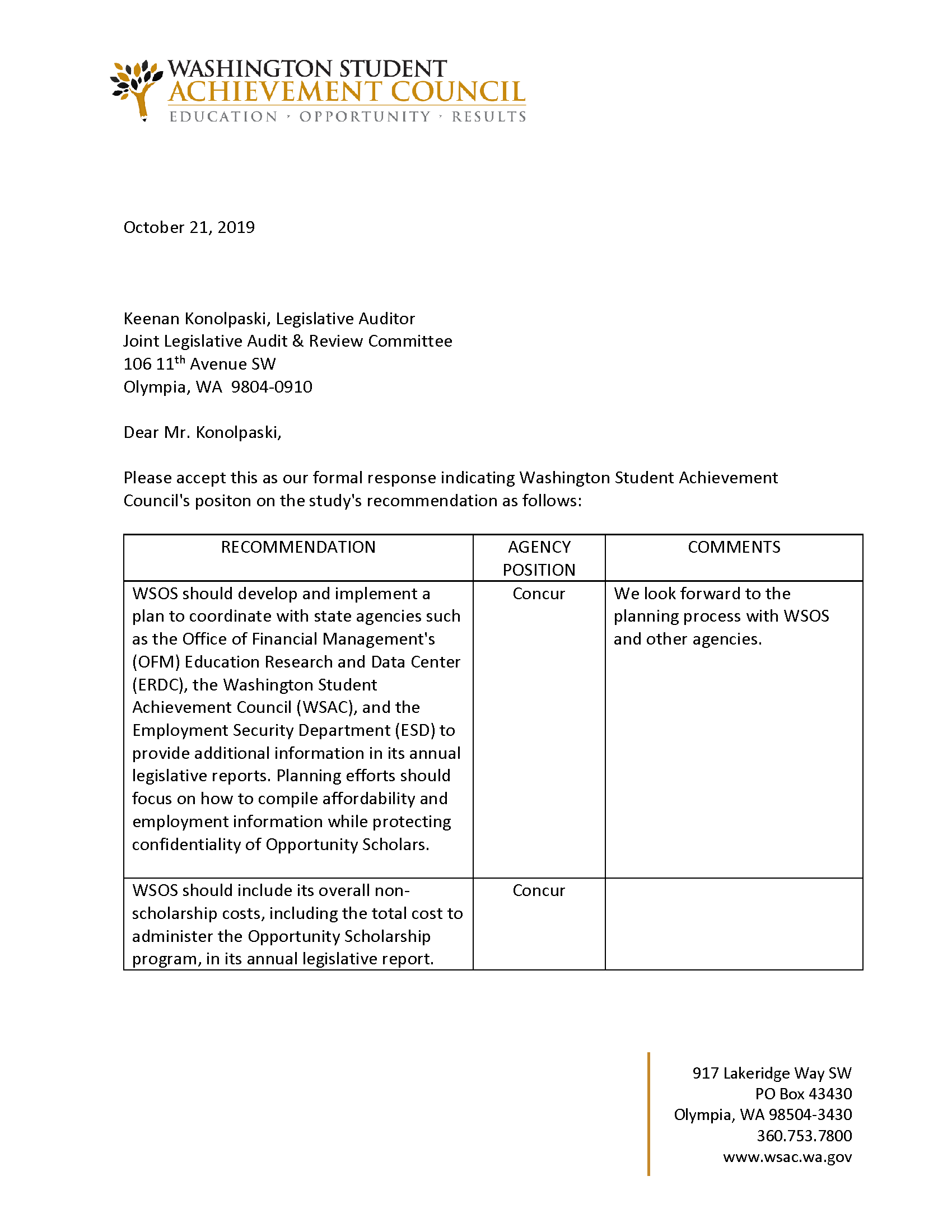 Image of WSAC's formal response concuring with recommendations (page 1)