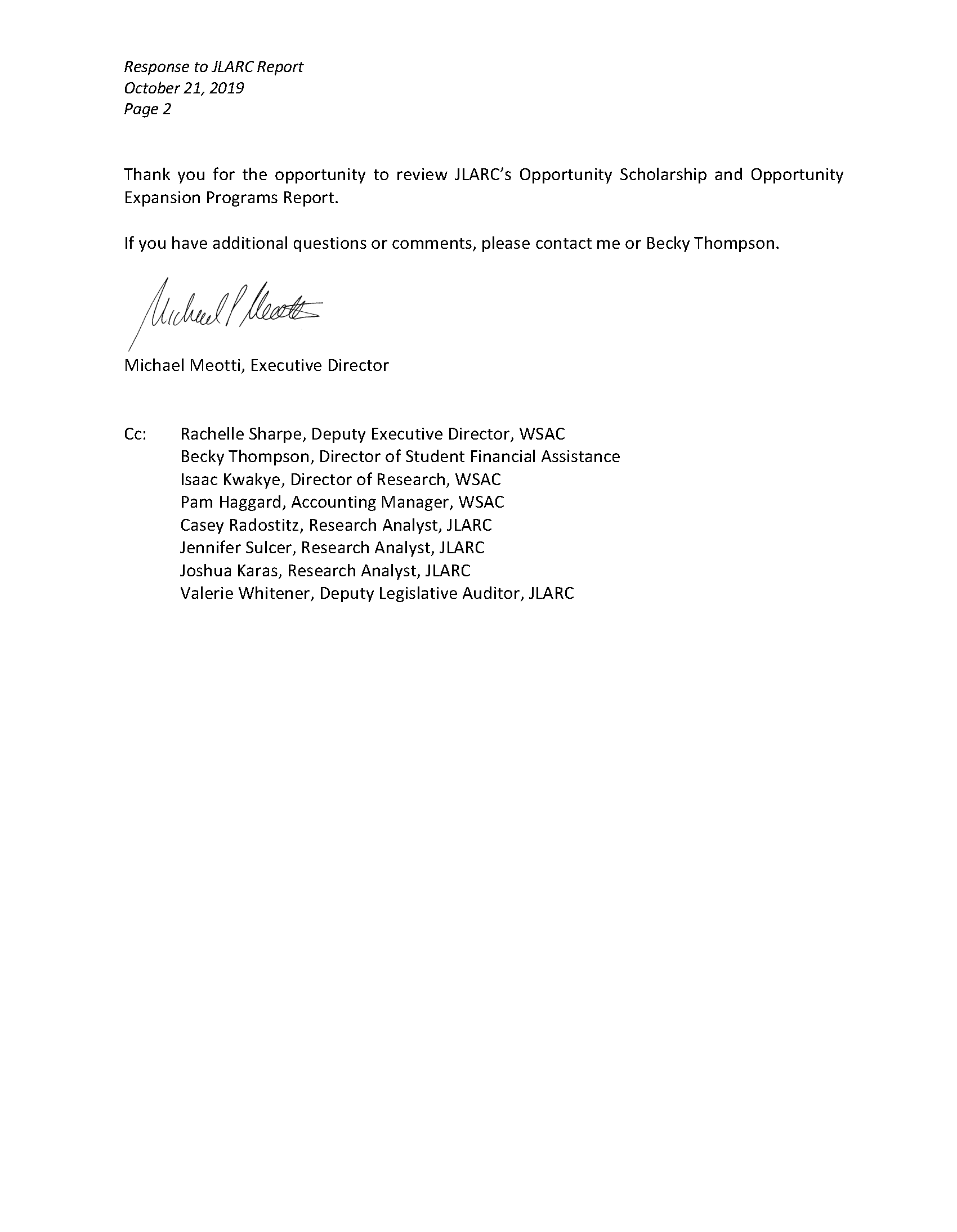 Image of WSAC's formal response concuring with recommendations (page 2)