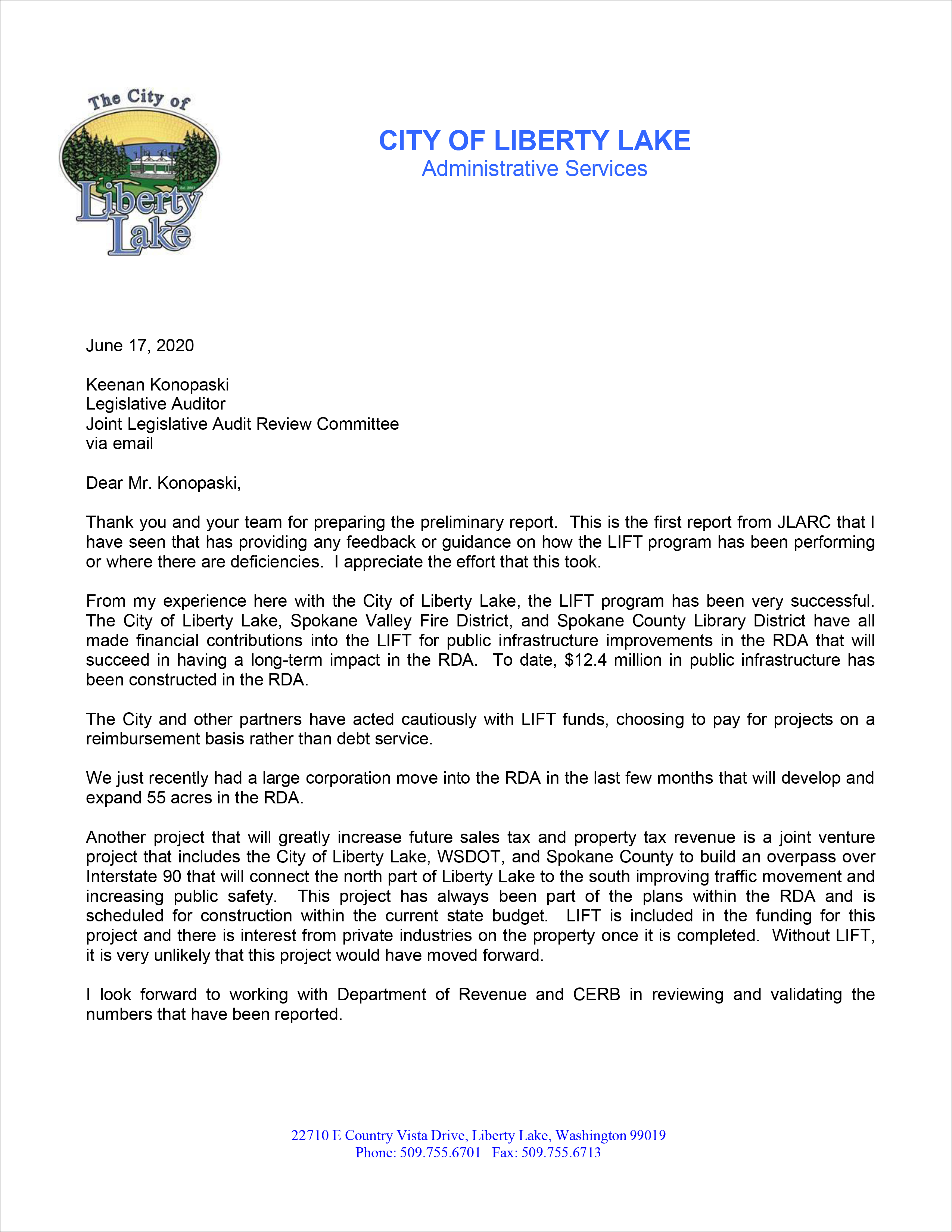 Page one of the City of Liberty Lake's response