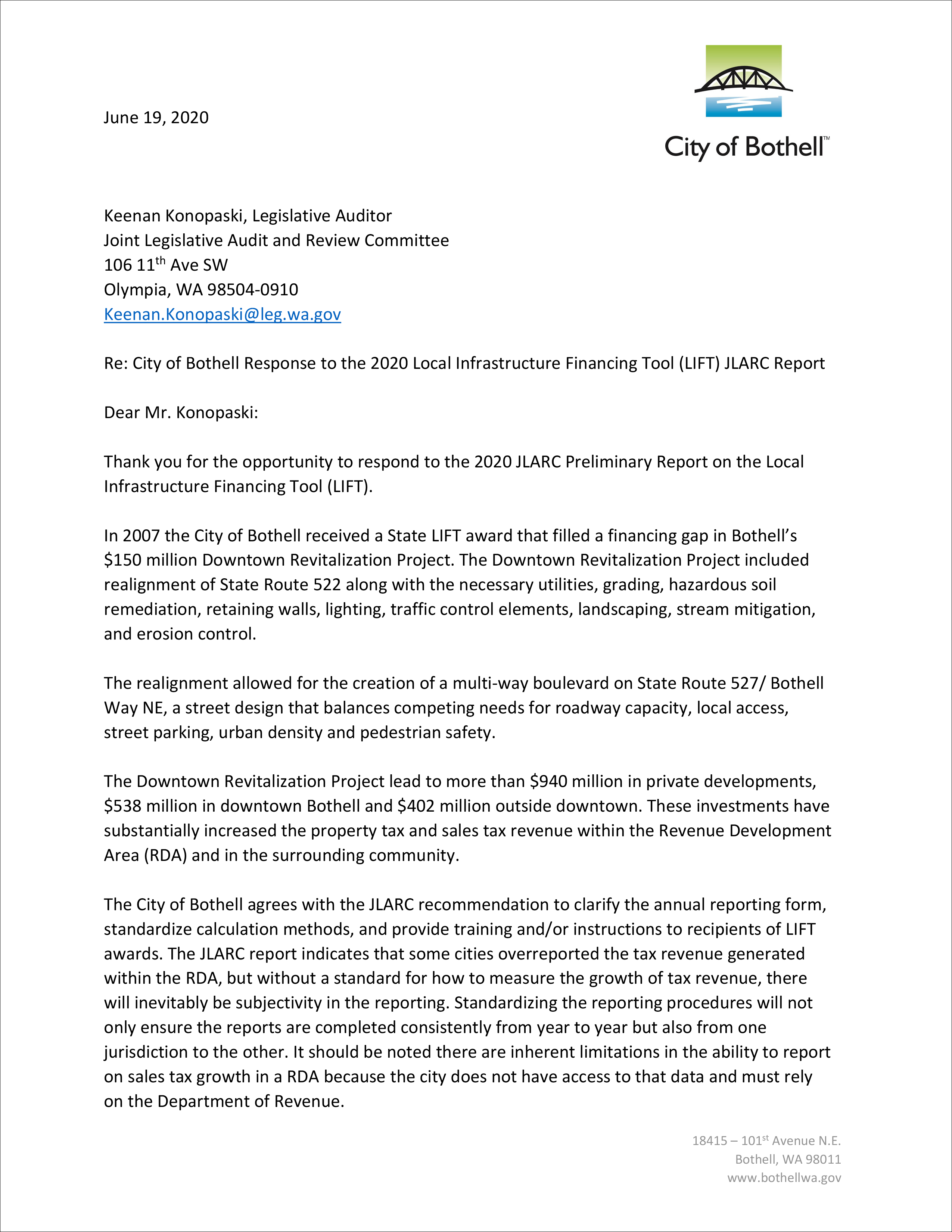 Page one of the City of Bothell's response