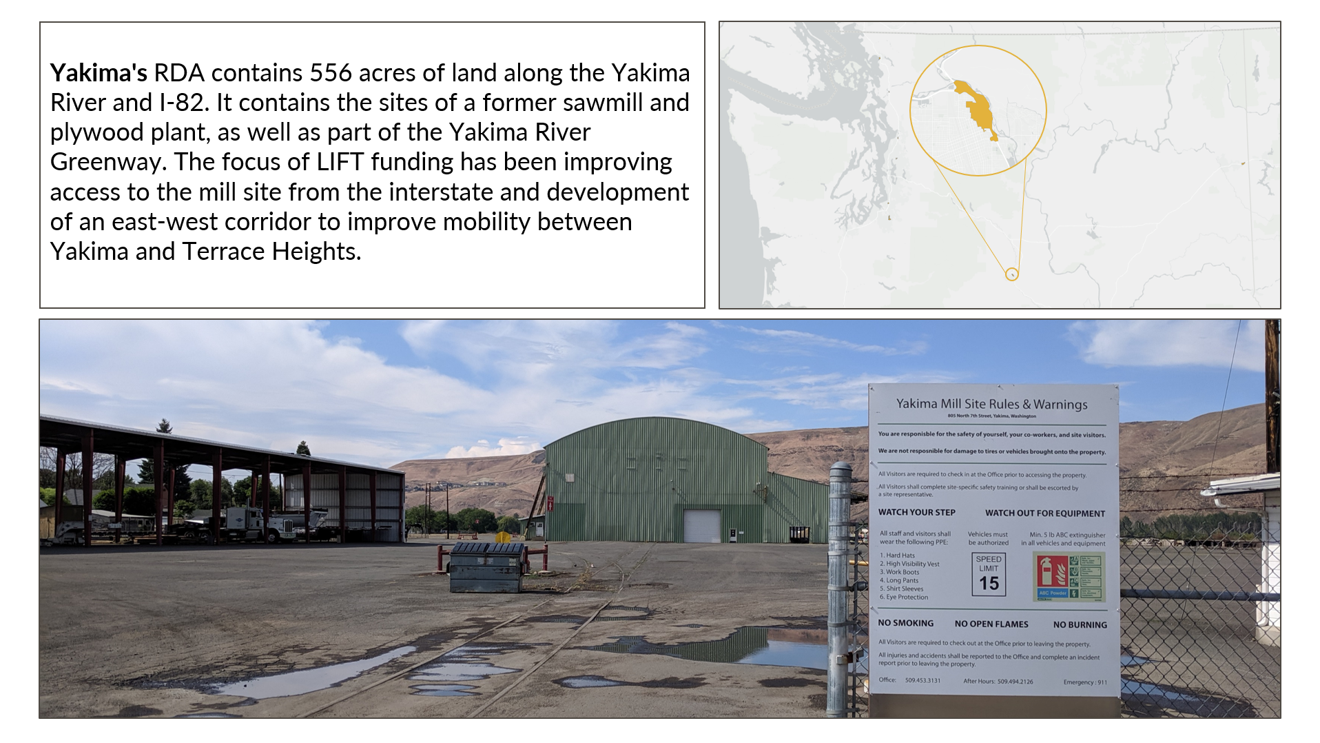 Grpahic showing map of RDA in Washington, a photo in that RDA, and the following text: Yakima's RDA contains 556 acres of land along the Yakima River and I-82. It contains the sites of a former sawmill and plywood plant, as well as part of the Yakima River Greenway. The focus of LIFT funding has been improving access to the mill site from the interstate and development of an east-west corridor to improve mobility between Yakima and Terrace Heights.
                  