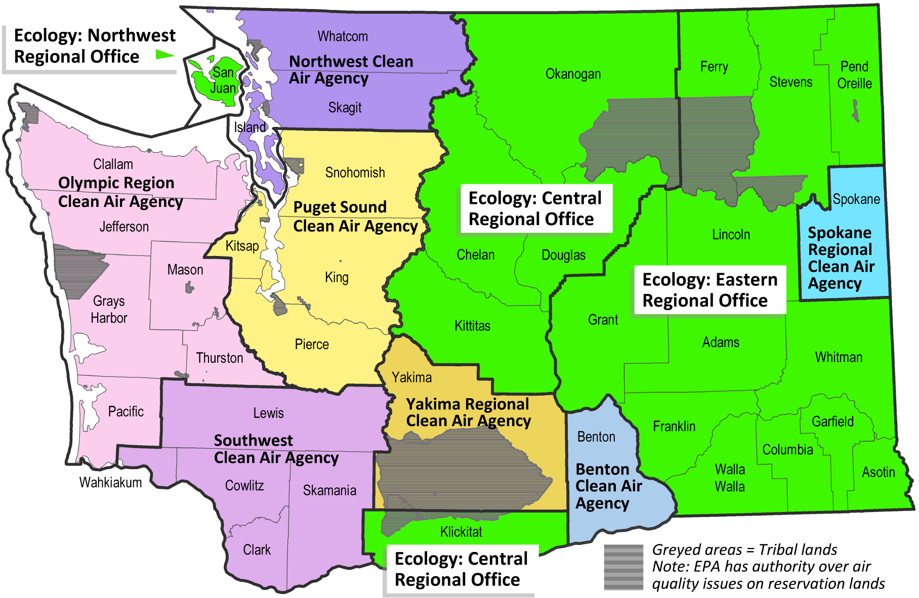 Map of Washington State depicting Clean Air Agencies and Department of Ecology regions.