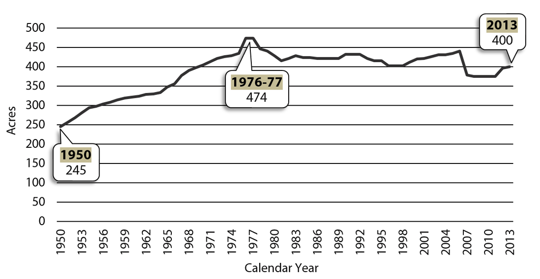 Line graph showing Washington farm average acreage from 1950 - 2013.  Highlighted years include 1950 (245 acres), 1976 and 1977 (474 acres), and 2013 (400 acres).