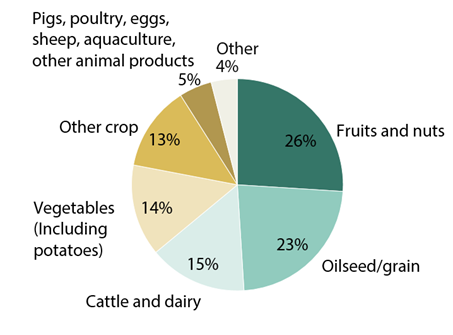 Pie chart shows the percent of farm fuel purchased in 2012 by farms producing different crops or products.  Fruit and nut farms purchased 26%; oilseed and grain farms purchased 23%, followed by cattle and dairy (15%) and vegetables (14%). 