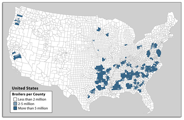 U.S. map uses USDA data to show the predominance of U.S. broiler production in the Southeast.  The map displays broiler production by county in 3 categories: white - less than 2 million broilers; medium blue - 2 to 5 million; dark blue - more than 5 million.