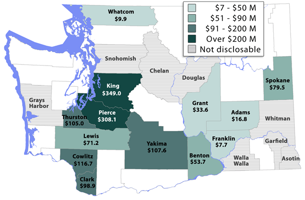 Five categories of counties are shown on WA State map of amounts invested by beneficiaries. $7-$50M: Adams, Franklin, Grant, Whatcom; $51-$90M: Benton, Lewis, Spokane; $91-$200M, Clark, Cowlitz, Thurston, Yakima; Over $200M: King, Pierce; Not disclosable: Asotin, Chelan, Douglas, Garfield, Grays Harbor, Snohomish, Walla Walla, Whitman.