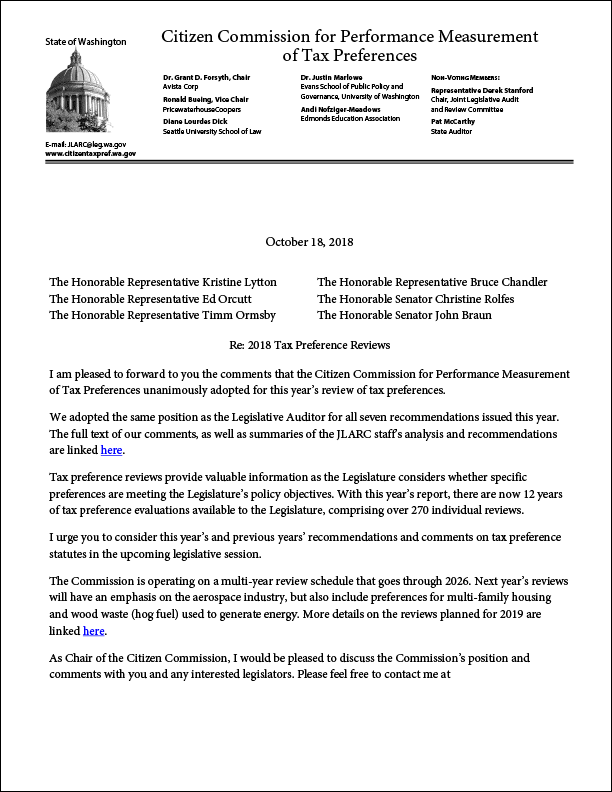 Page 1 of the letter from the chair of the Citizen Commission for Performance Meaurement of Tax Preferences regarding the 2018 tax preference reviews