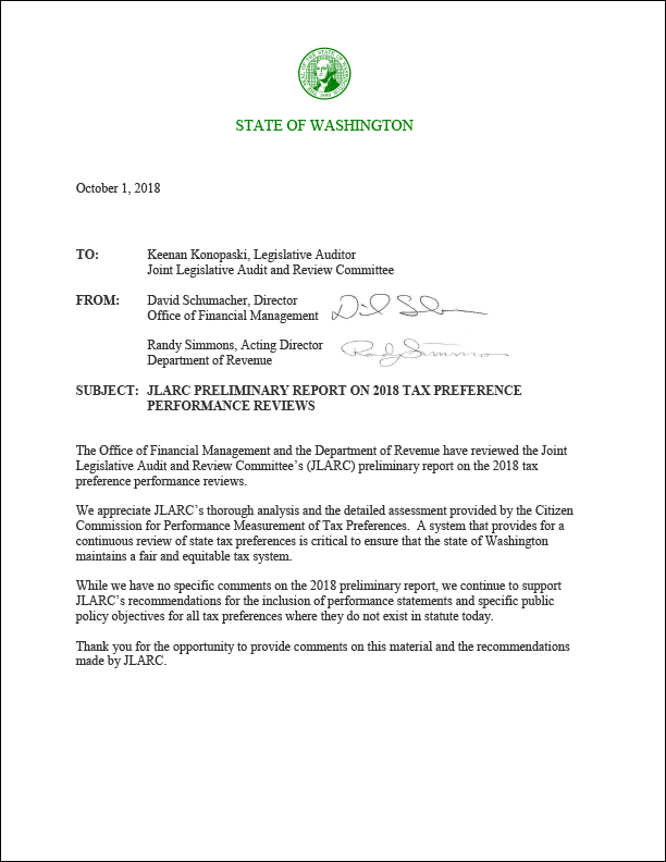 Letter from the Office of Financial Management and Department of Revenue regarding the 2018 tax preference reviews