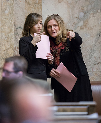 Gina Grant Bull points to guide a page in the House chamber